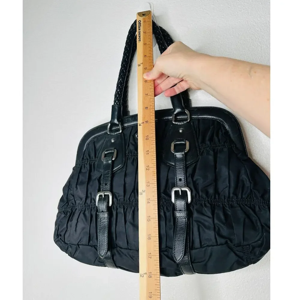 Prada Vintage 90s Black Nylon & Leather Buckle Braided Handle Purse - Picture 15 of 16